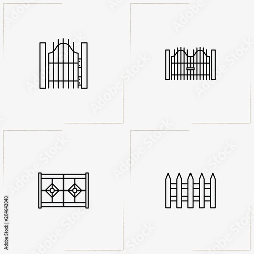 Fences And Wickets line icon set with gate, fence and wicket