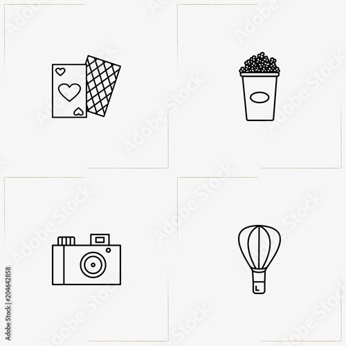Entertaiment line icon set with game cards, air balloon and photo camera