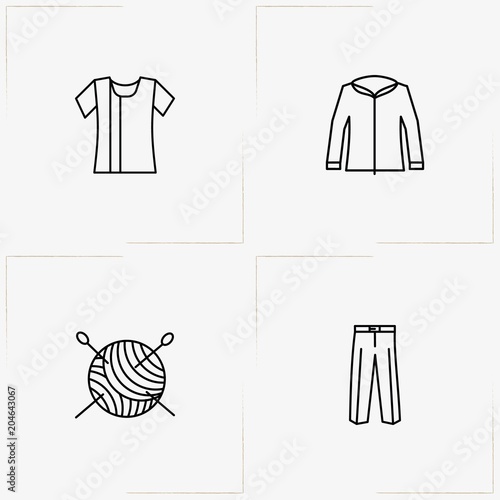Clothes line icon set with trousers, sewing hank and lady shirt