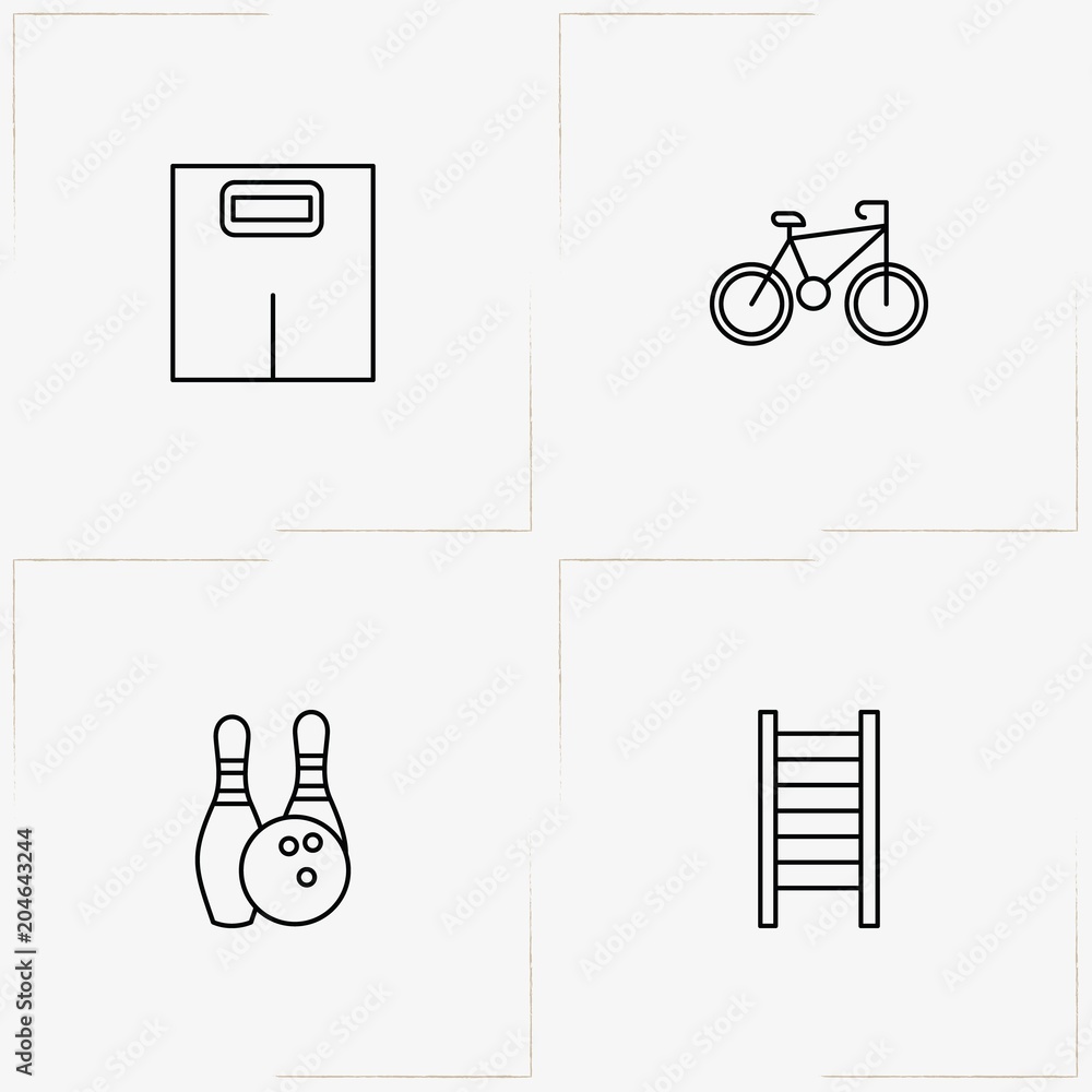 Fitness line icon set with bicycle, swedish ladder and electronic scale Fitness line icon set with bicycle, swedish ladder and electronic scale