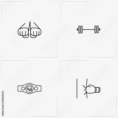 Boxing line icon set with barbell, boxing and punching bag