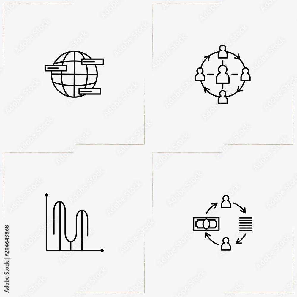 Fototapeta premium Data Analitic line icon set with connection data, graph and worldwide data