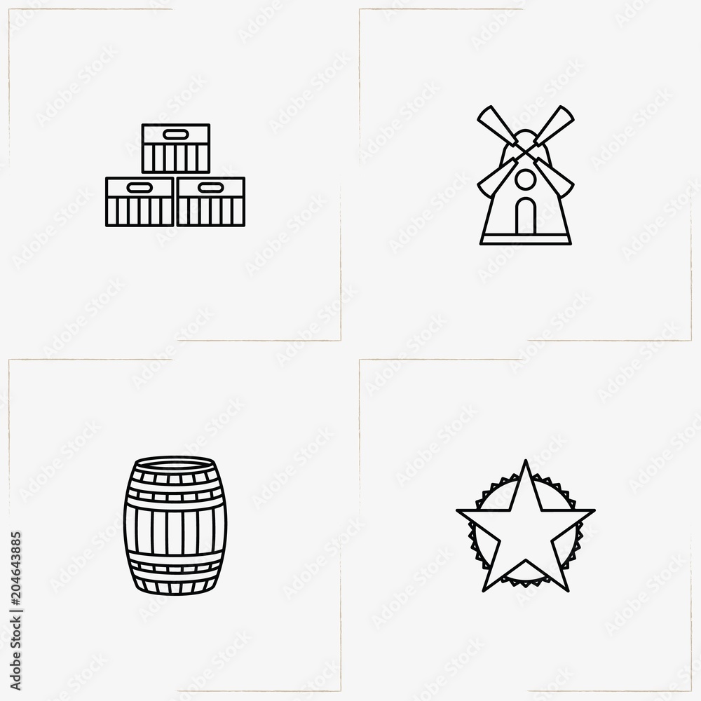 Beer line icon set with case of beer, barrel of beer and mill Beer line icon set with case of beer, barrel of beer and mill