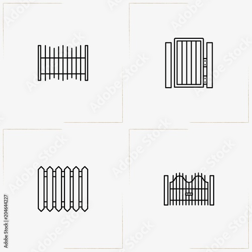 Fences And Wickets line icon set with fence, wicket and gate