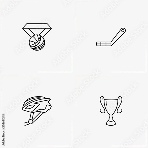 Bicycle Sport line icon set with trophy, bicycle crank and bicycle helmet
