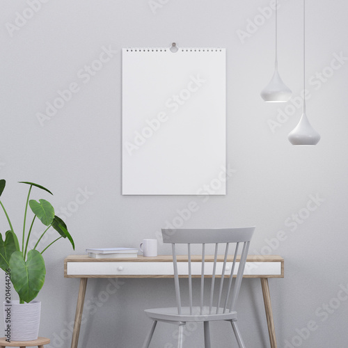 Calendar mockup in modern interior with a console and a chair, 3D render
