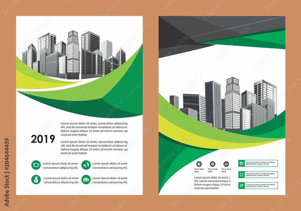 modern cover, brochure, layout for annual report with city background

