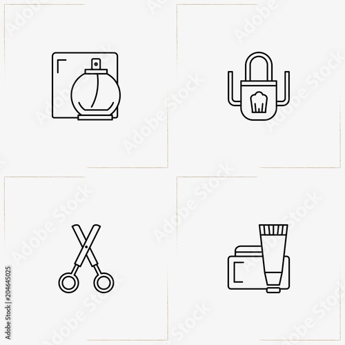 Barbershop line icon set with apron, cream tube and perfume