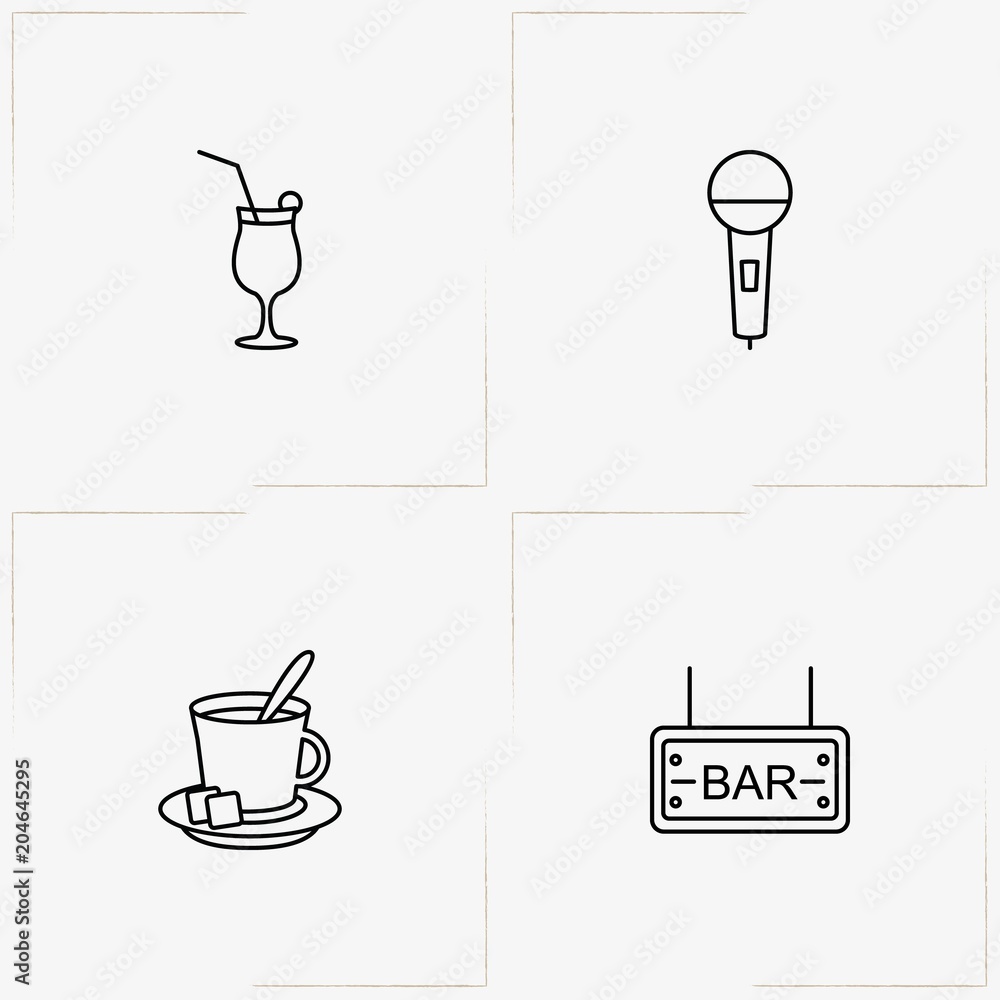 Bar line icon set with bar signboard, cocktail and cup of tea Bar line icon set with bar signboard, cocktail and cup of tea