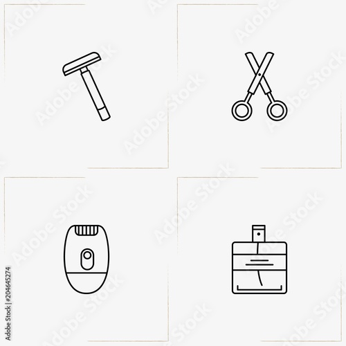Bathroom line icon set with razor, perfume and scissor