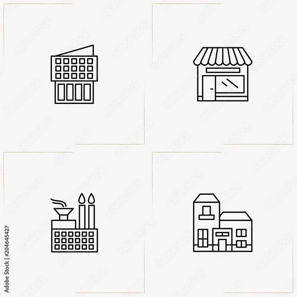 City Building line icon set with stall, factory  and building