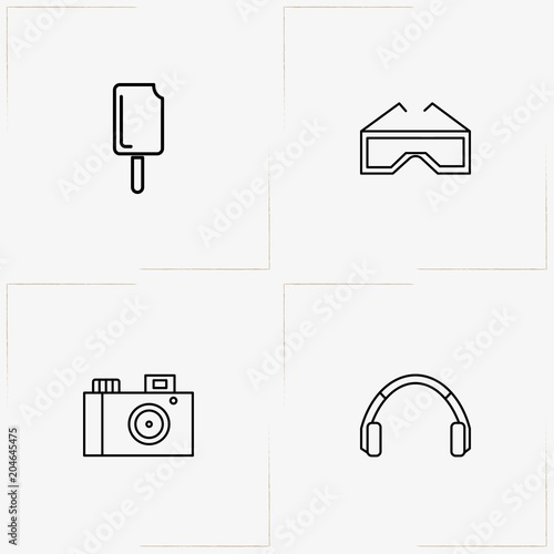 Entertaiment line icon set with ice cream, photo camera and cinema spectacles