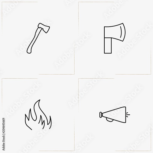 Firefighter line icon set with flame , hatchet and loudspeaker