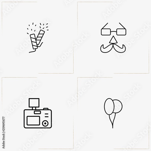 Birthday line icon set with photo camera, spectacle with mustache mask  and firecracker
