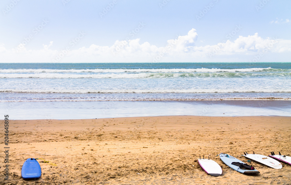 Atlantic coast. Surfboards on the beach. Atlantic Ocean. Photo travel. Leisure. Surfing. Sport