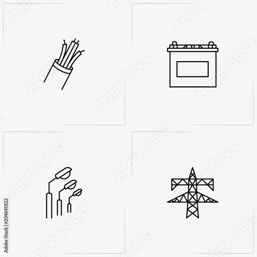 Electrocity line icon set with accumulator, cables and electric tower