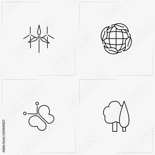 Ecology line icon set with butterfly, trees and windmills
