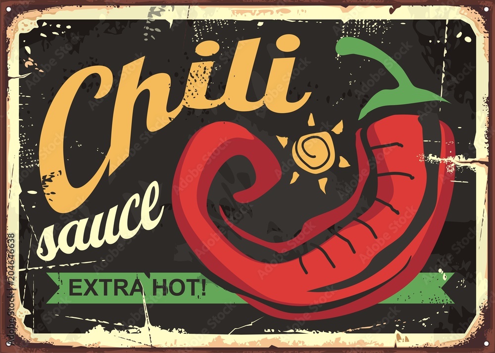 Plakat Projekt retro szablon znak cyny sos chili. Meksykański karmowy rocznik reklamuje z gorącym pieprzem na czarnym tle.