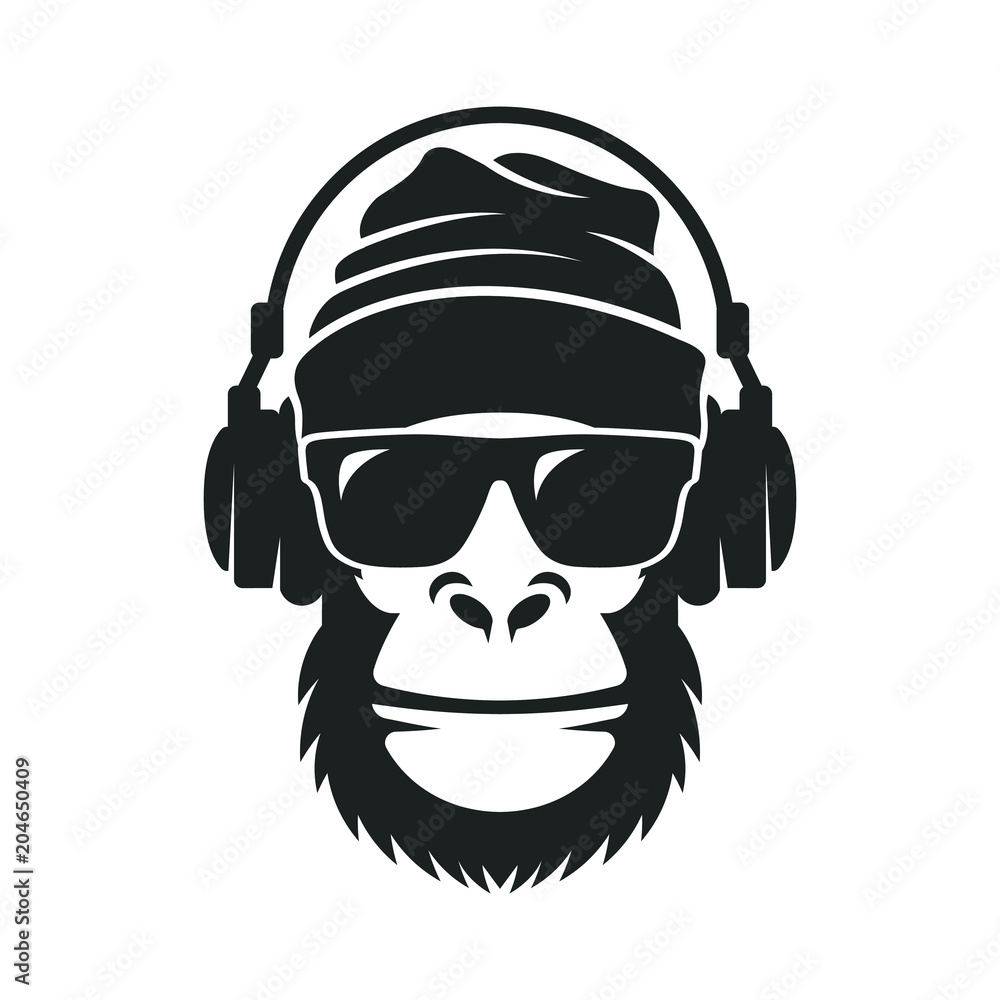 Ταπετσαρία Gorilla in a knitted hat, sunglasses and headphones. Cool Monkey