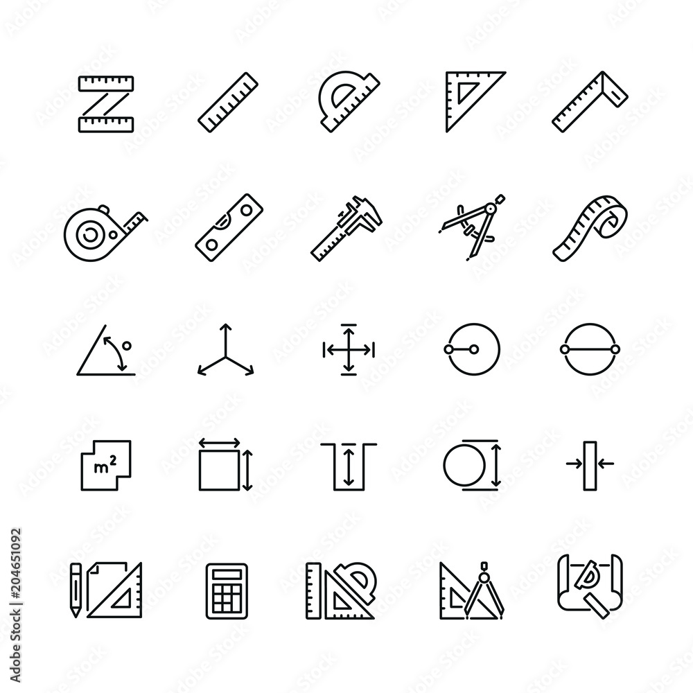 Measure related icons: thin vector icon set, black and white kit Measure related icons: thin vector icon set, black and white kit
