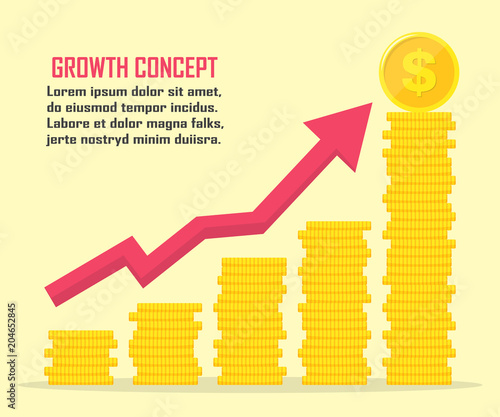 Dollar growth concept. Dollar revenue illustration. Stacks of gold coins like income graph with dollar