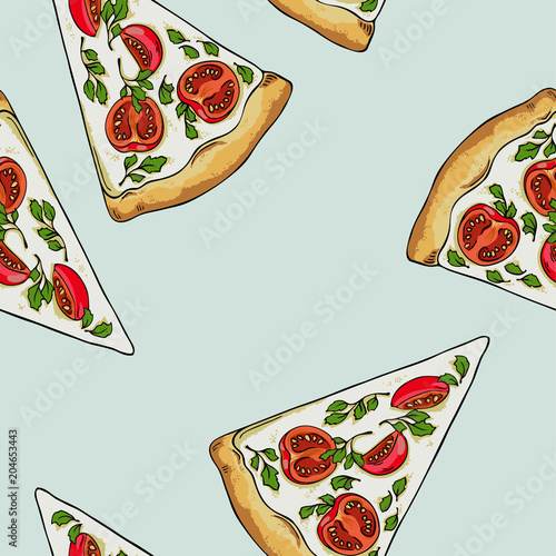 Seamless pattern with tomato pizza slices on pastel blue background. Hand drawn vector illustration.