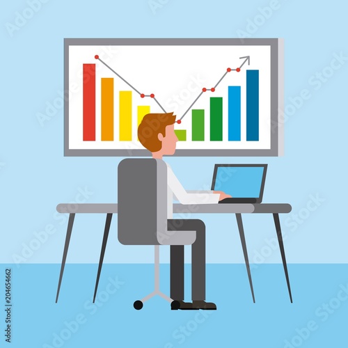 young man working in workplace desk and computer board chart vector illustration