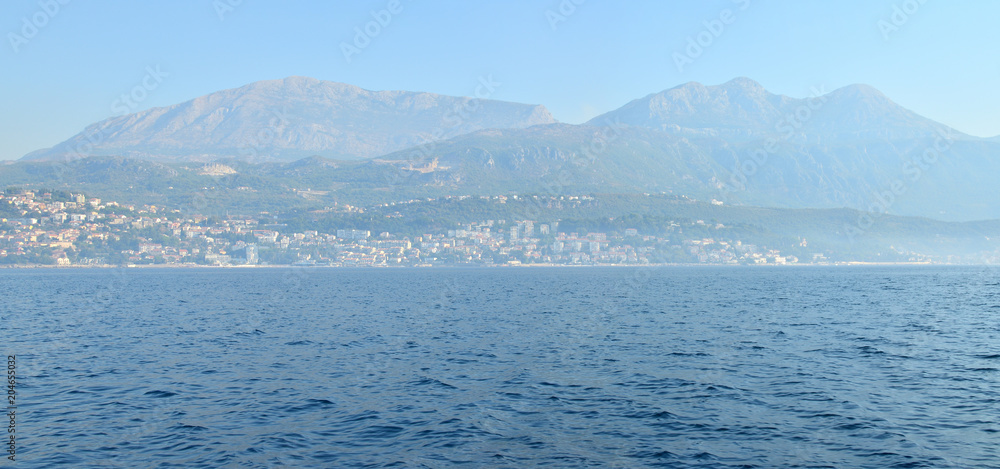 Panoramic view to a coastal town, Herceg-Novi, Montenegro seen from the sea