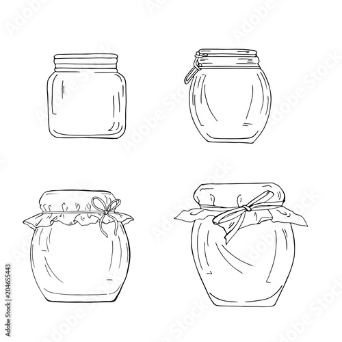 Set of silhouette jars of jam or honey isolated on white background. Doodle ink sketch. Hand drawn vector illustration.