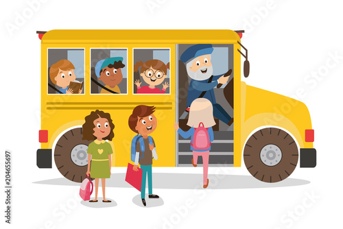 children's characters. the school bus takes students on an excursion. classes. vector
