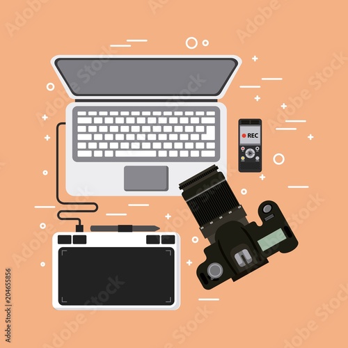 laptop photographic camera drawing tablet voice recorder devices vector illustration