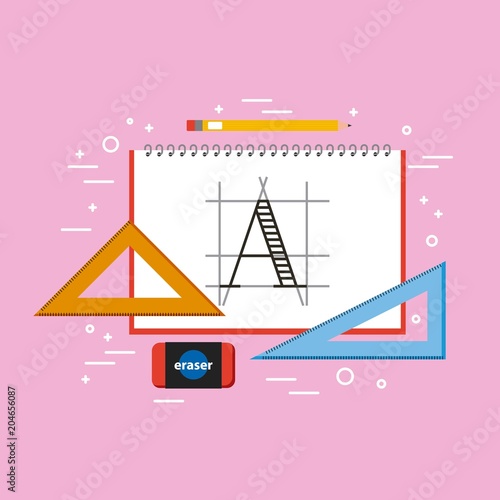 designer notebook triangle ruler eraser and pencil tools vector illustration