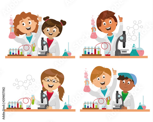 children's characters. school research in chemistry. smart children. vector