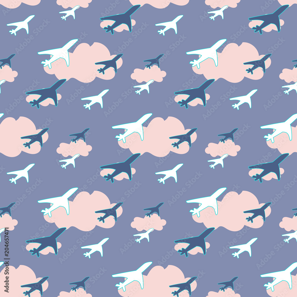 Fototapeta premium Seamless pattern with airplanes on sky background vector illustration