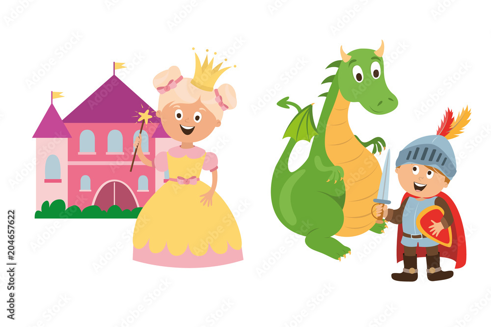 children's character. magic princess with crown, castle, brave knight and dragon vector, children read fairy tales. education and training children's character. magic princess with crown, castle, brave knight and dragon vector, children read fairy tales. education and training