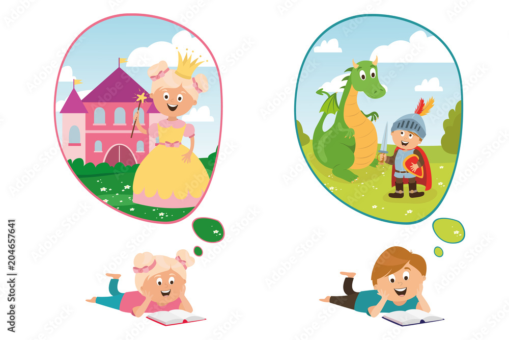 children's character. magic princess with crown, castle, brave knight and dragon vector, children read fairy tales. education and training