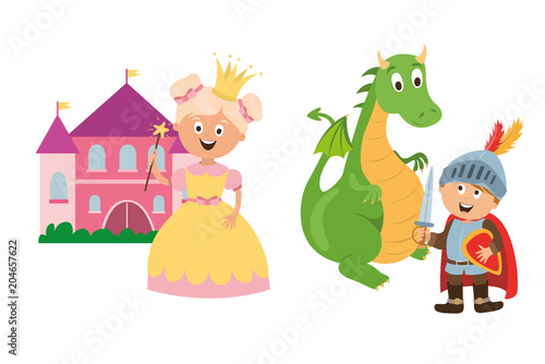 children's character. magic princess with crown, castle, brave knight and dragon vector, children read fairy tales. education and training