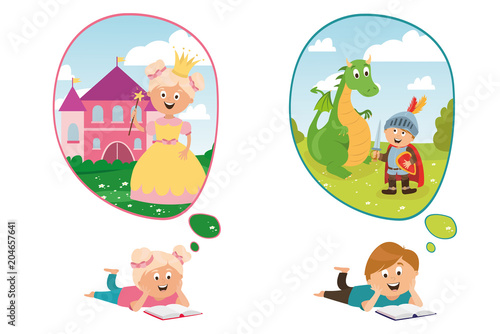 children's character. magic princess with crown, castle, brave knight and dragon vector, children read fairy tales. education and training