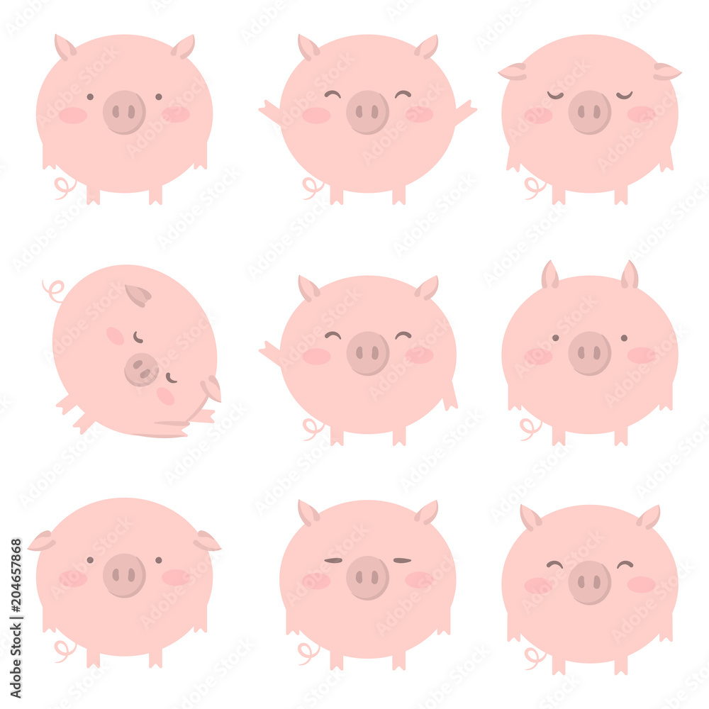 Set of 9 pink pig with different emotions. Vector isolated illustration Set of 9 pink pig with different emotions. Vector isolated illustration