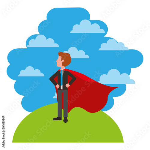 elegant businessman super hero in landscape vector illustration design