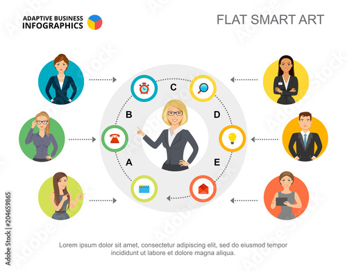 Presentation slide with company staff information. Editable template, flat smart art. Business data for human resources, management, employment concept