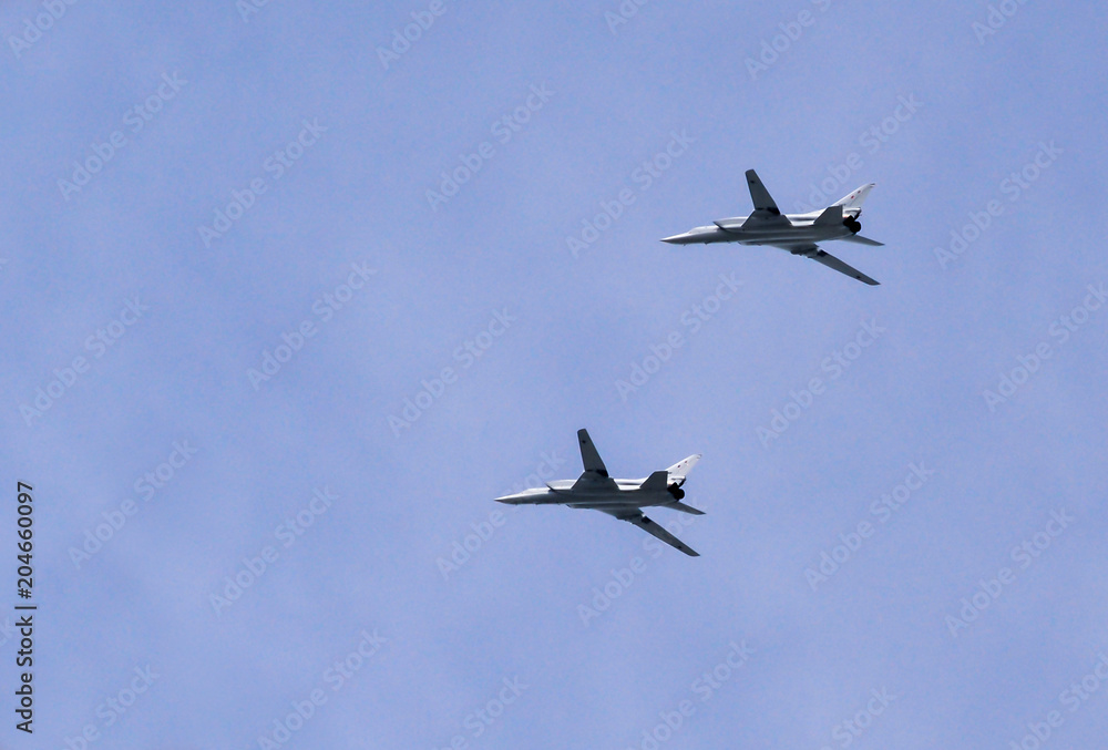 Moscow, Russia - May 9, 2018: two Russian supersonic bombers Tupolev Tu-22M3 (the name of the NATO message: Moscow, Russia - May 9, 2018: two Russian supersonic bombers Tupolev Tu-22M3 (the name of the NATO message: