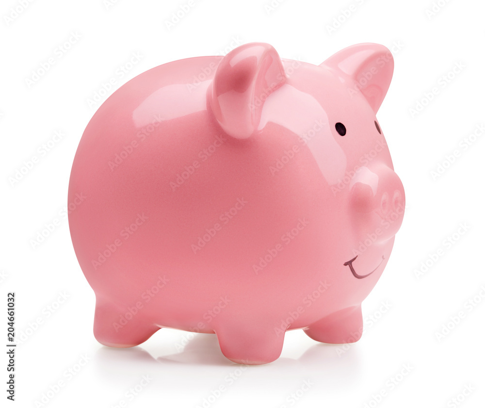single pink ceramic piggy bank isolated on white background