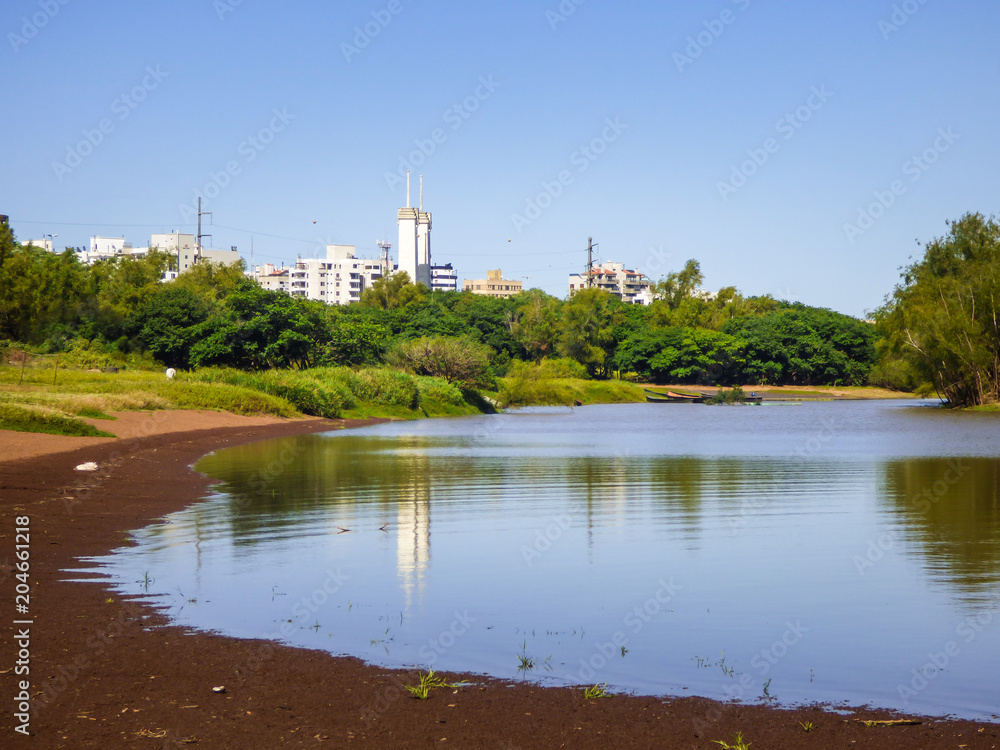 A view of the Uruguay river and the city of Uruguaiana in the background (South of Brazil)