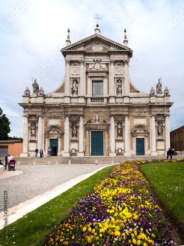 Facade of the Basilica of Santa Maria in Porto in Ravenna, Italy.
