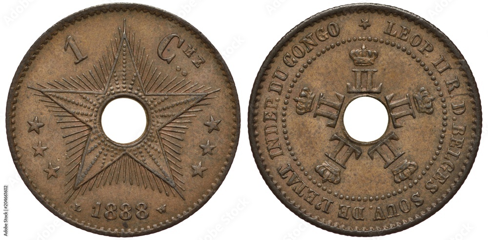 Belgian Congo coin one centime 1888, star with dots and rays, smaller stars at sides, center hole, five small monograms of Belgian King Leopold II, colonial times, copper,