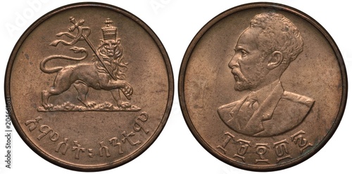 фотографія Ethiopia, Ethiopian coin ten cents 1944, lion holding standard with ribbons, bus