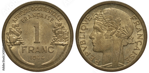 French West Africa coin one franc 1944, denomination at center, two horns of plenty at sides, female head, colony, WWII time,