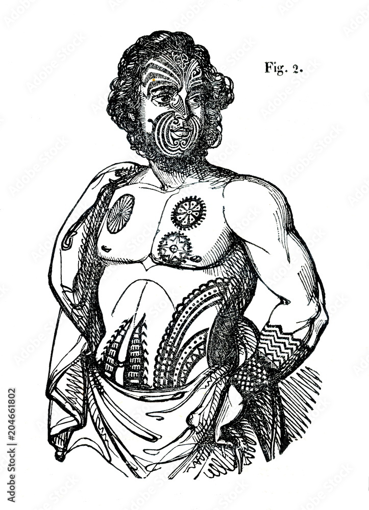 Fototapeta premium Tattoos of Māori - indigenous man of New Zealand (from Das Heller-Magazin, July 12, 1834)