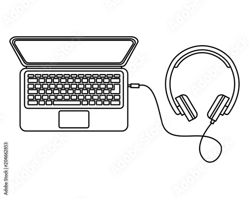 laptop and headphones connected cable gadget music volume vector illustration thin line